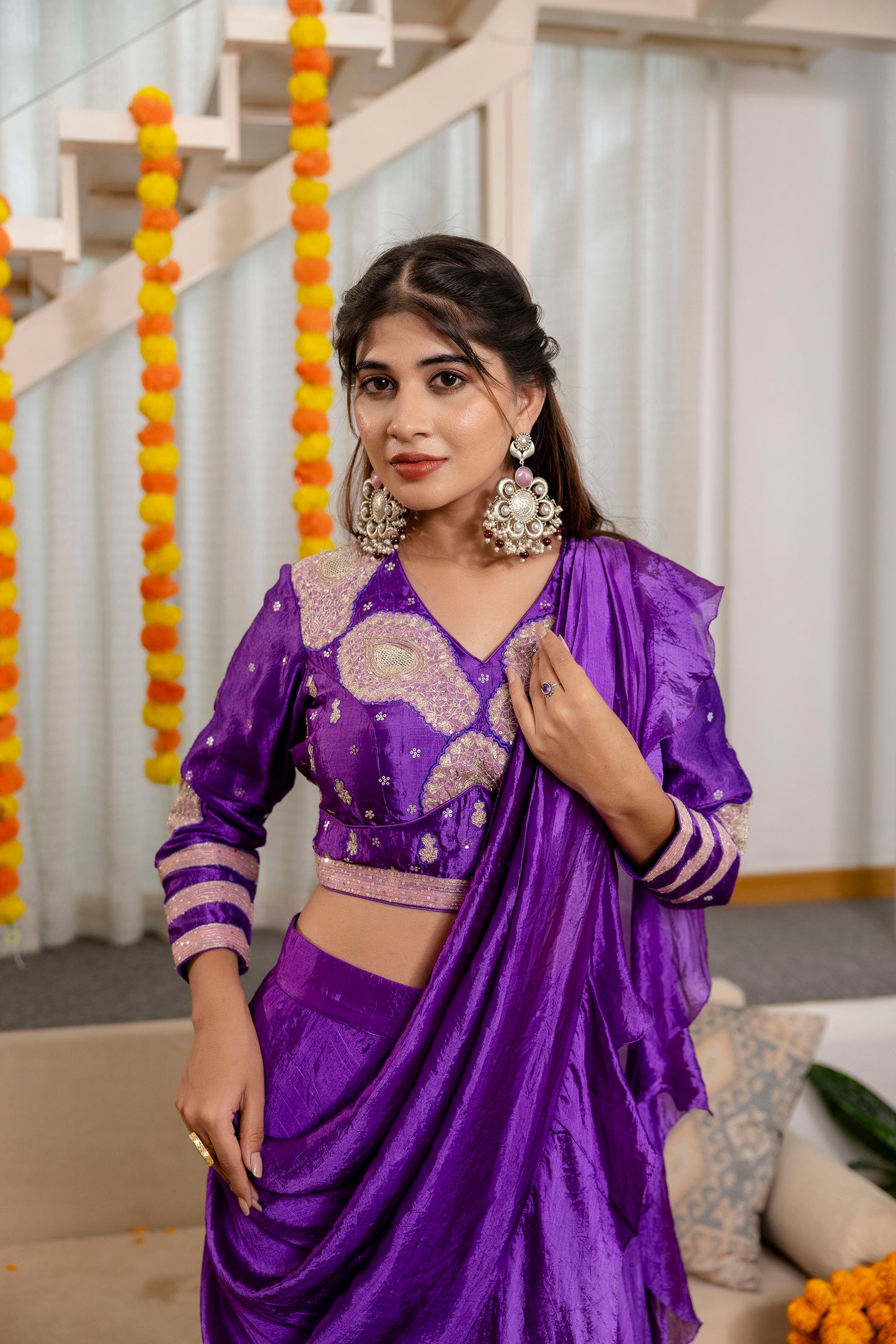 Purple Satin Silk Ruffled Pre-Draped Saree with Embroidered Blouse