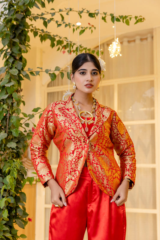 Bright red brocade coat with trousers plus inner shell