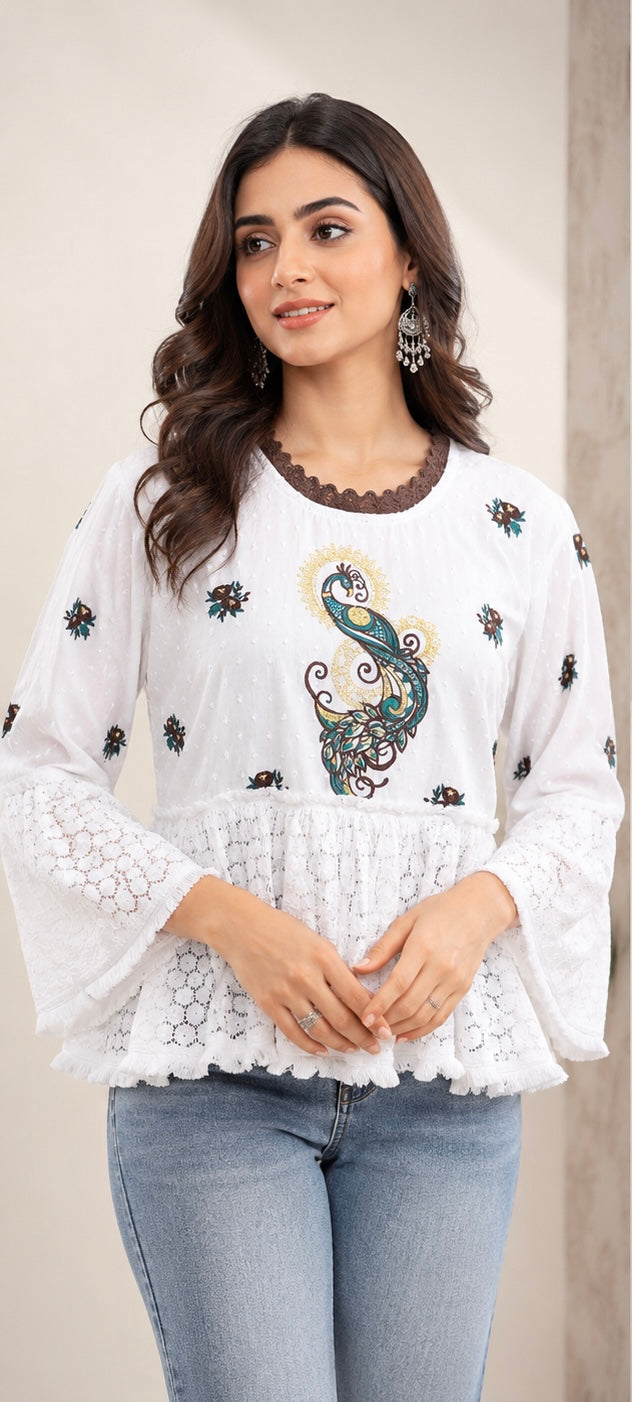 White Peacock Embroidered Bell-Sleeve Top with Crochet Hem