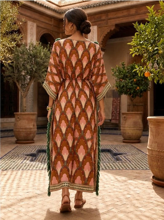 Terracotta Floral Print Kaftan Dress with Tassel Trim - Only 1 Left!