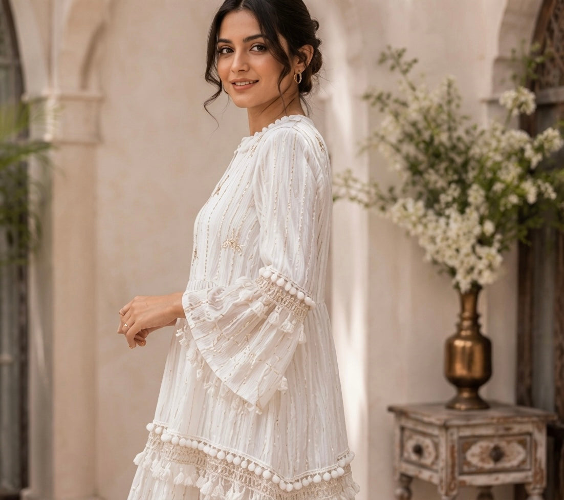 Purvi Jaipur White Embroidered Cotton Tiered Boho Dress for Women