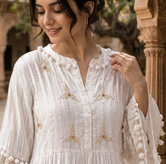 Purvi Jaipur White Embroidered Cotton Tiered Boho Dress for Women