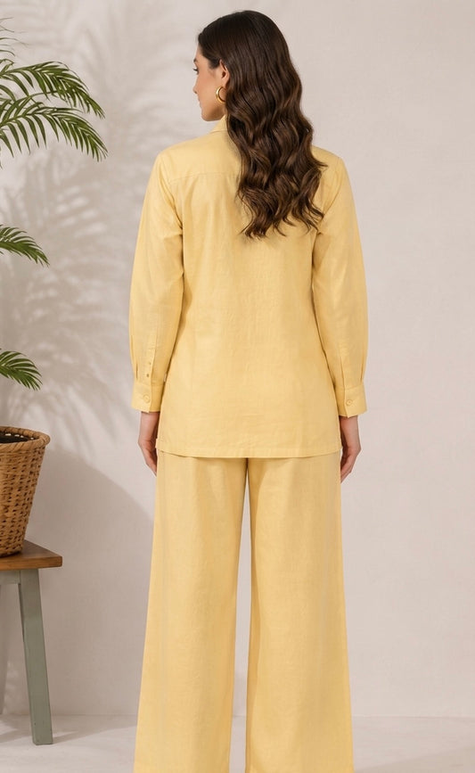 Linen Yellow Hand Paint Co-Ord Set | Premium Linen Shirt & Wide Leg Linen Pant Set