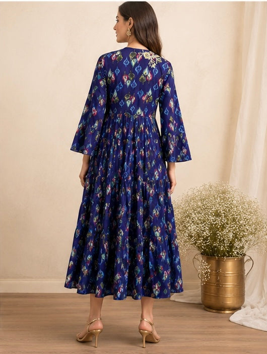 Navy Blue Ajrakh Printed Tiered Anarkali Dress with Embroidered Yoke & Tassel Detail