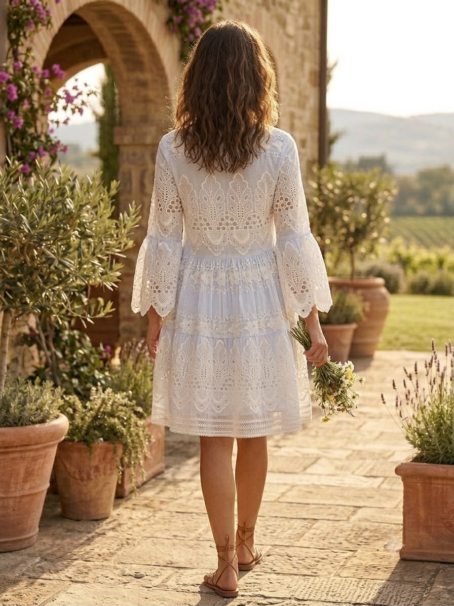 Purvi Jaipur Women White Schiffli Embroidered Cotton Fit & Flare Mini Dress with Bell Sleeves