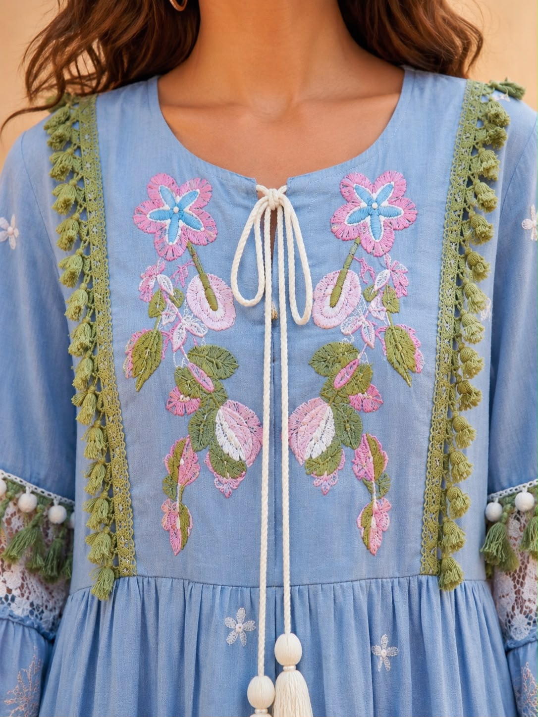 Women’s Blue Floral Embroidered A-Line Midi Dress with Lace Panel, Tassel Tie-Up Neck & Bell Sleeves