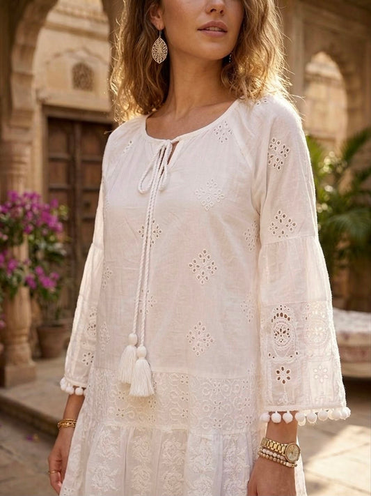 Purvi Jaipur Women's White Cotton Schiffli Embroidered Boho A-Line Kurta with Tassel Tie-Up Neck & Bell Sleeves