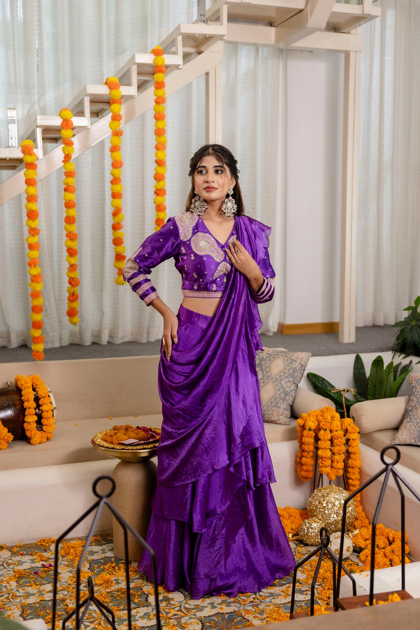 Purple Satin Silk Ruffled Pre-Draped Saree with Embroidered Blouse