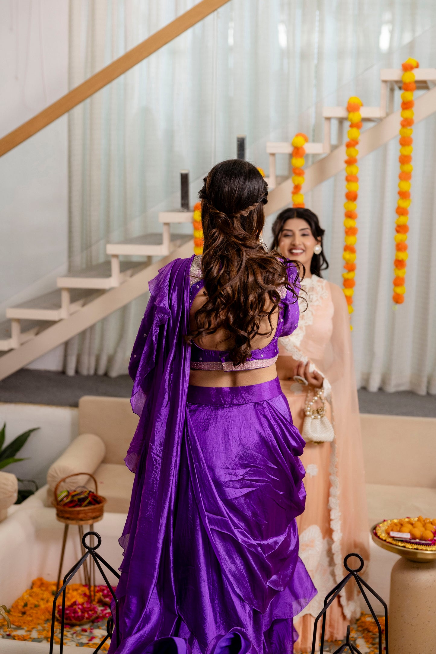 Purple Satin Silk Ruffled Pre-Draped Saree with Embroidered Blouse