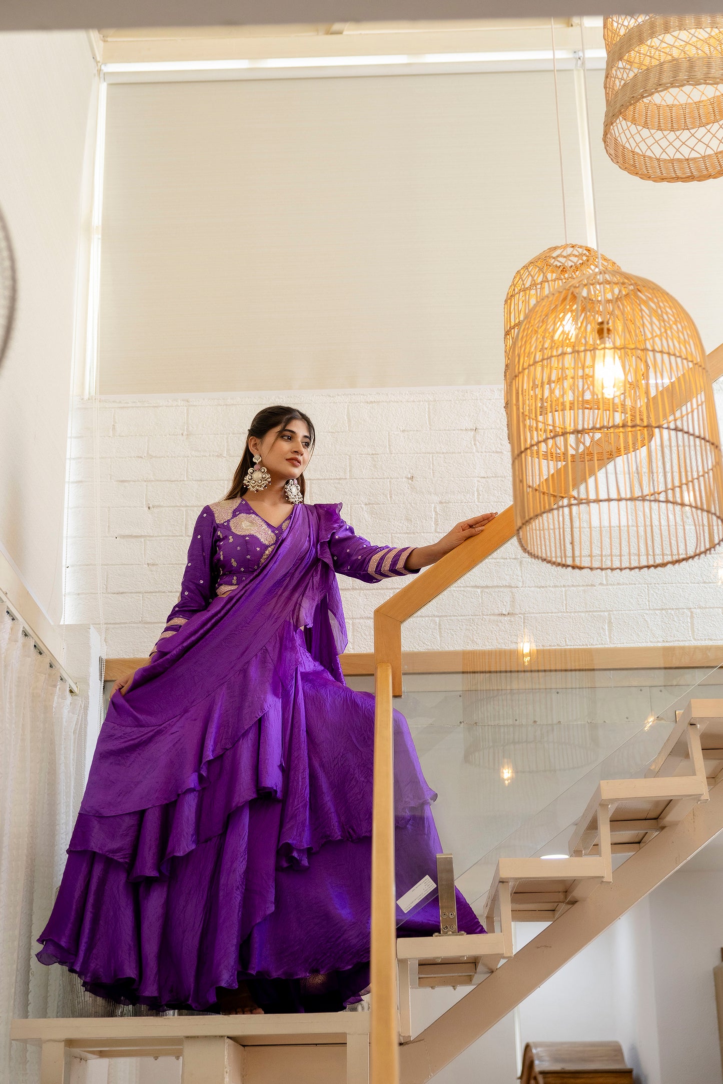 Purple Satin Silk Ruffled Pre-Draped Saree with Embroidered Blouse