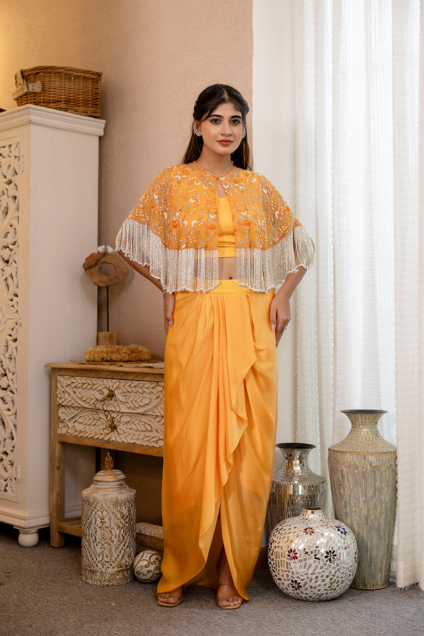 Mustard Yellow Embroidered Cape with Crop Top & Dhoti Skirt Set