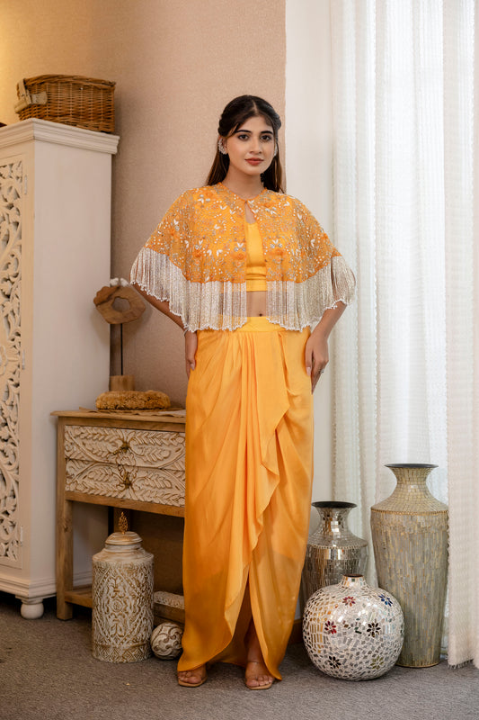 Mustard Yellow Embroidered Cape with Crop Top & Dhoti Skirt Set
