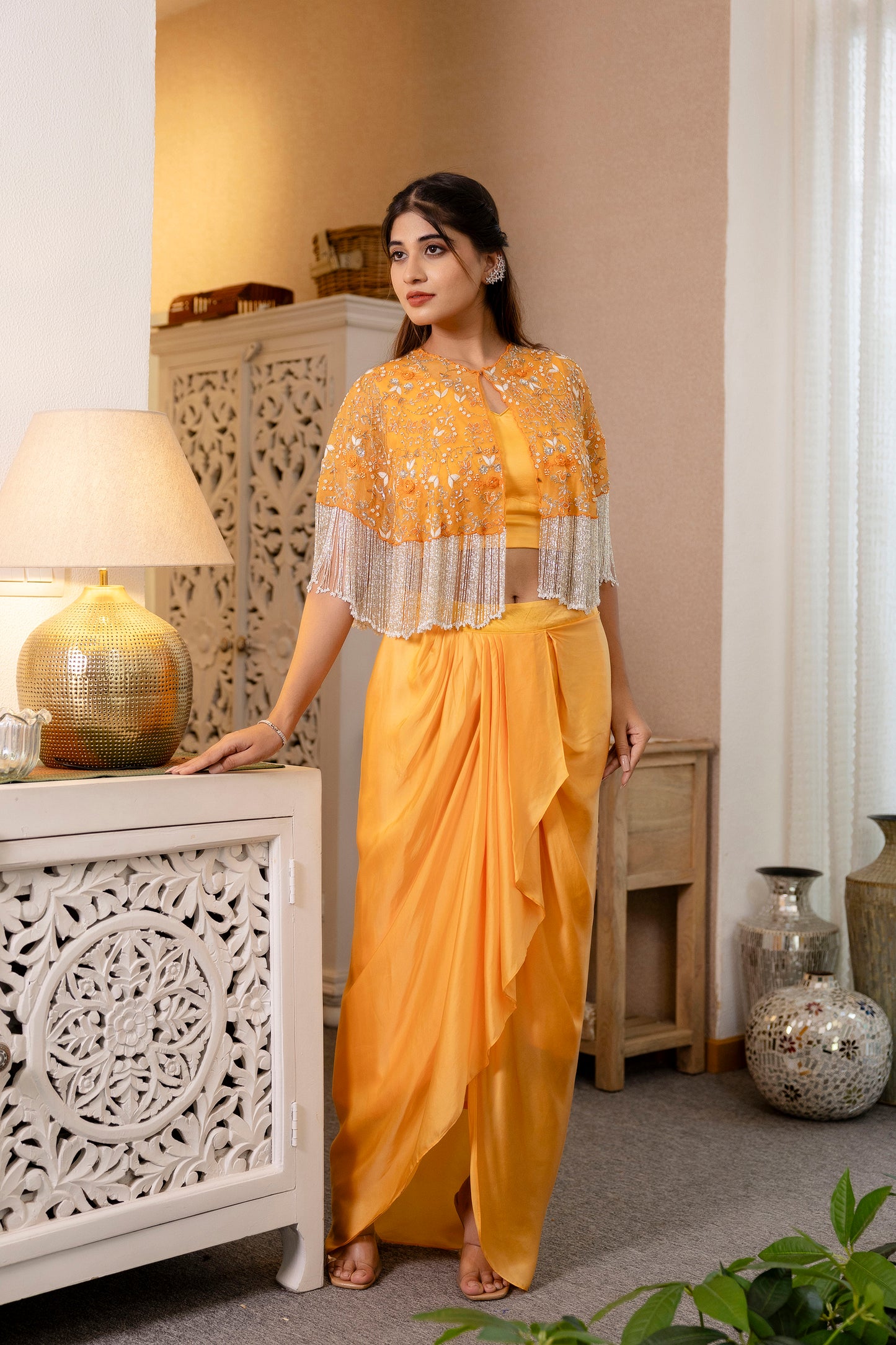 Mustard Yellow Embroidered Cape with Crop Top & Dhoti Skirt Set