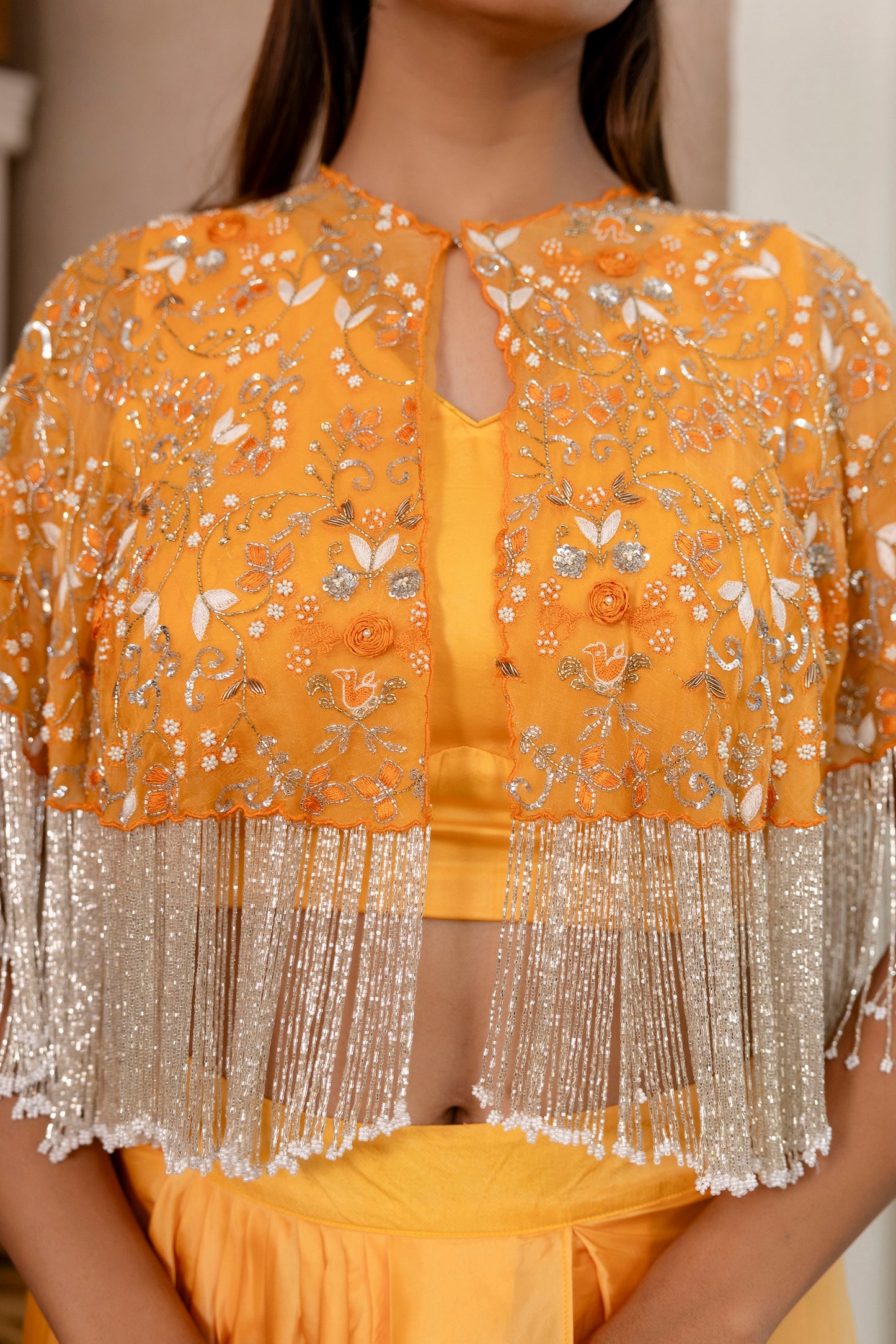 Mustard Yellow Embroidered Cape with Crop Top & Dhoti Skirt Set