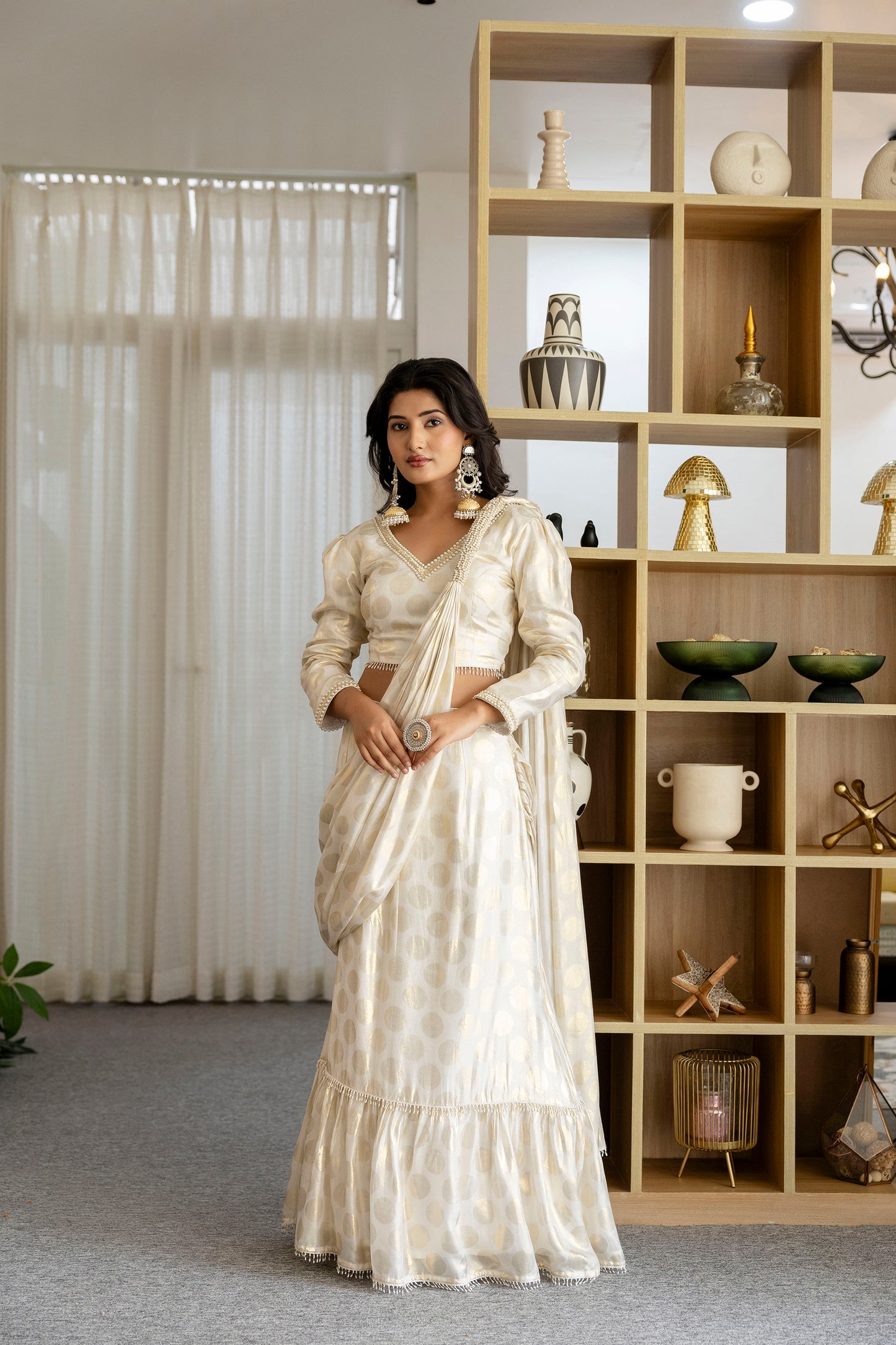 Ivory Gold Polka Dot Pre-Draped Saree Gown with Pearl Border