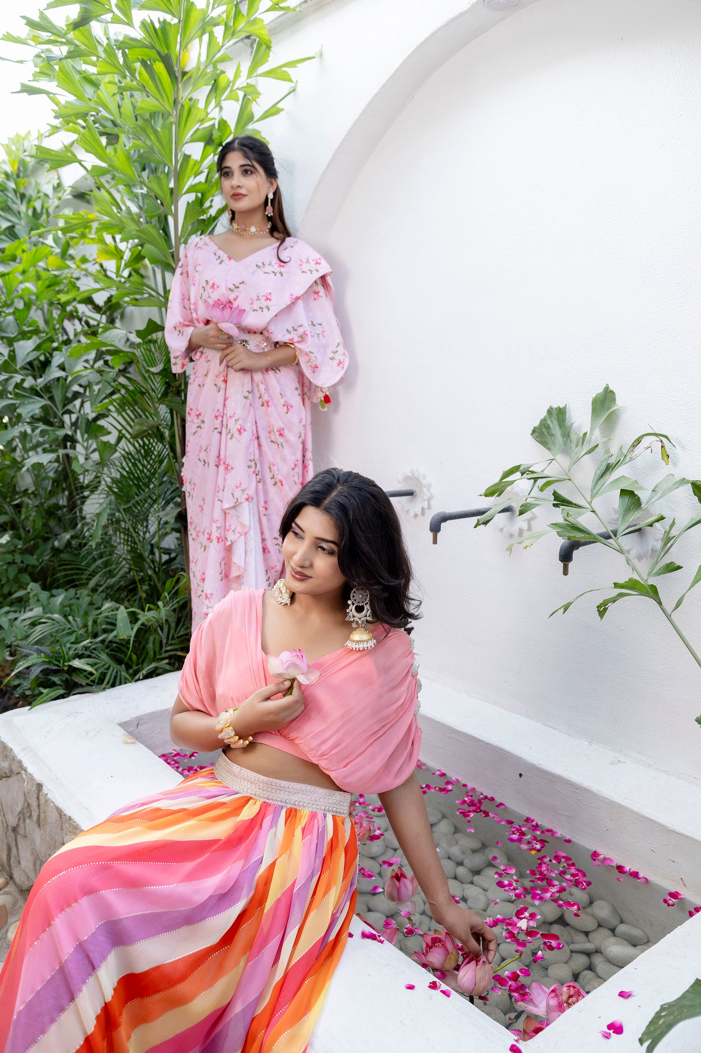 Multicolor Diagonal Striped Flared Lehenga with Peach Draped Blouse
