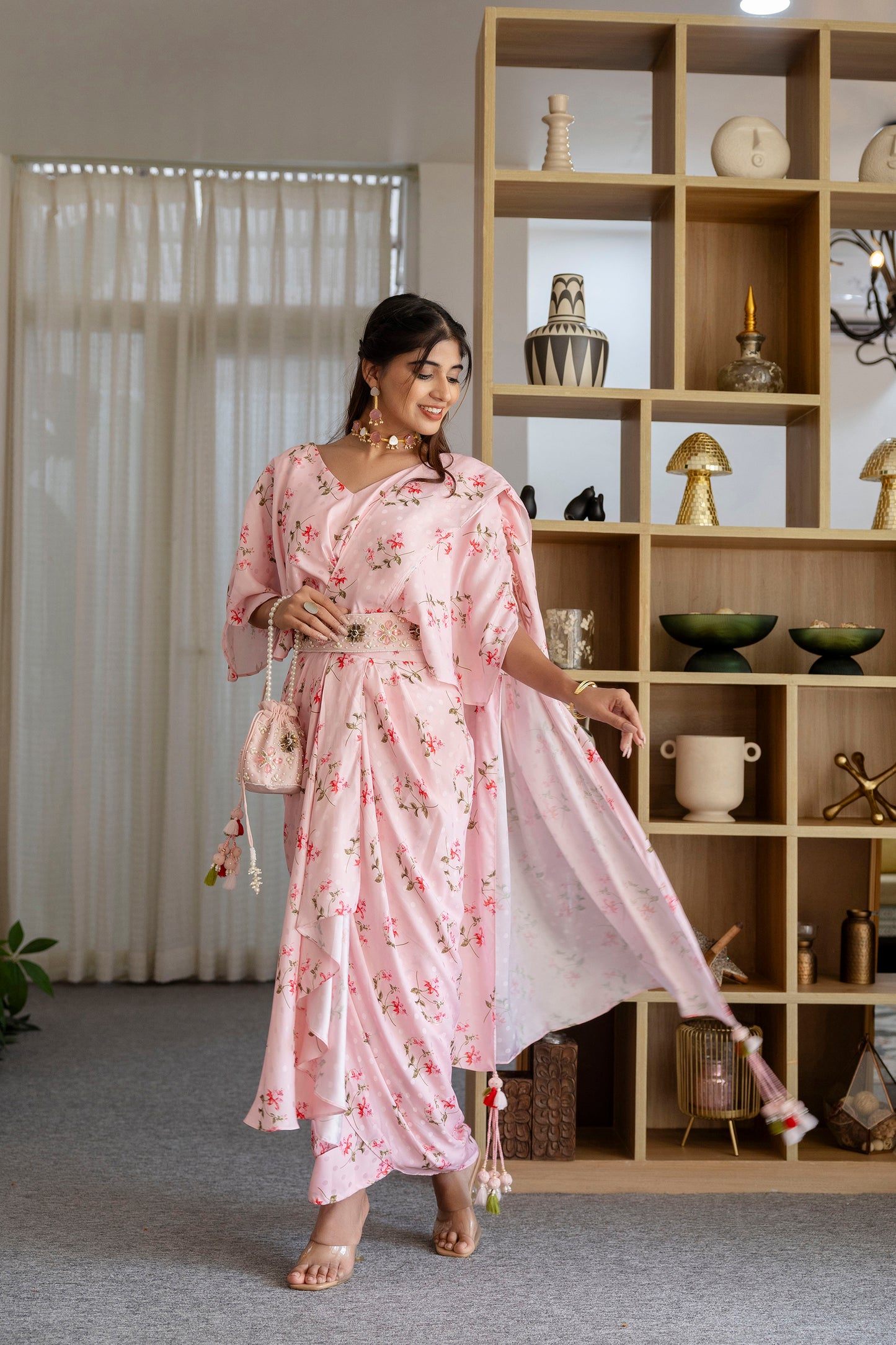 Pink Floral Printed Pre-Draped Saree Gown with Embellished Belt
