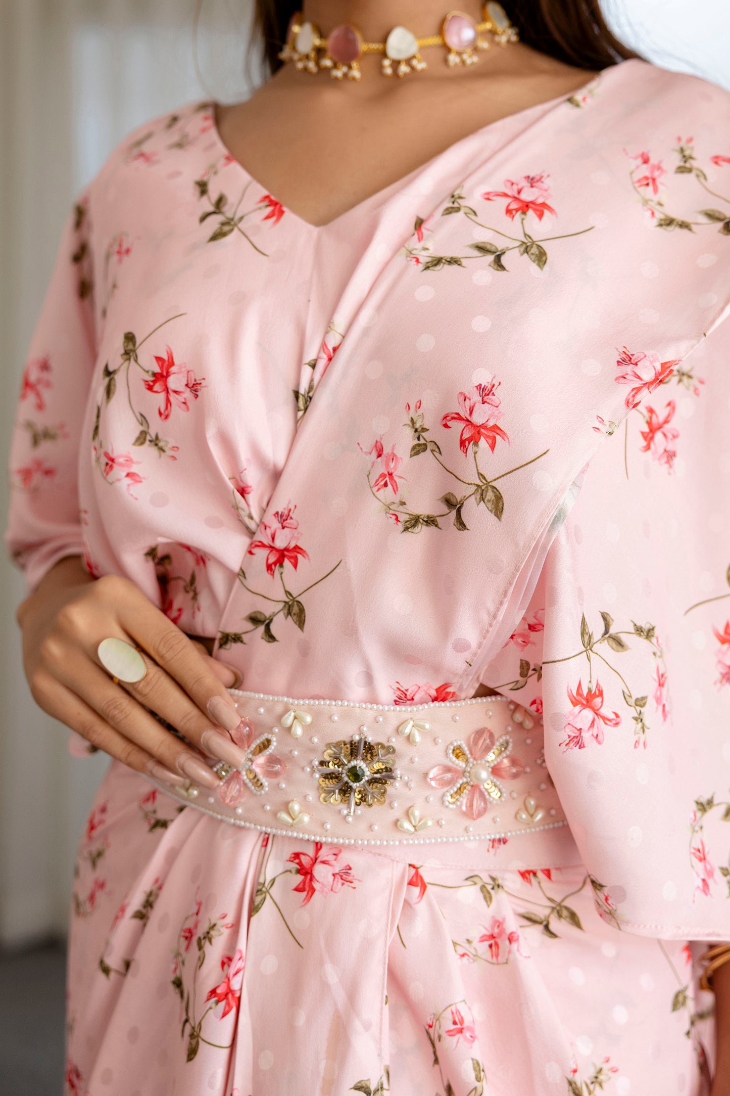 Pink Floral Printed Pre-Draped Saree Gown with Embellished Belt