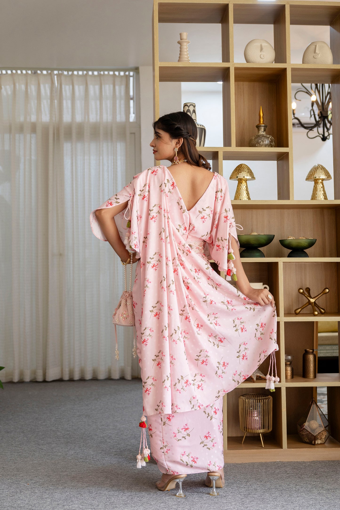 Pink Floral Printed Pre-Draped Saree Gown with Embellished Belt