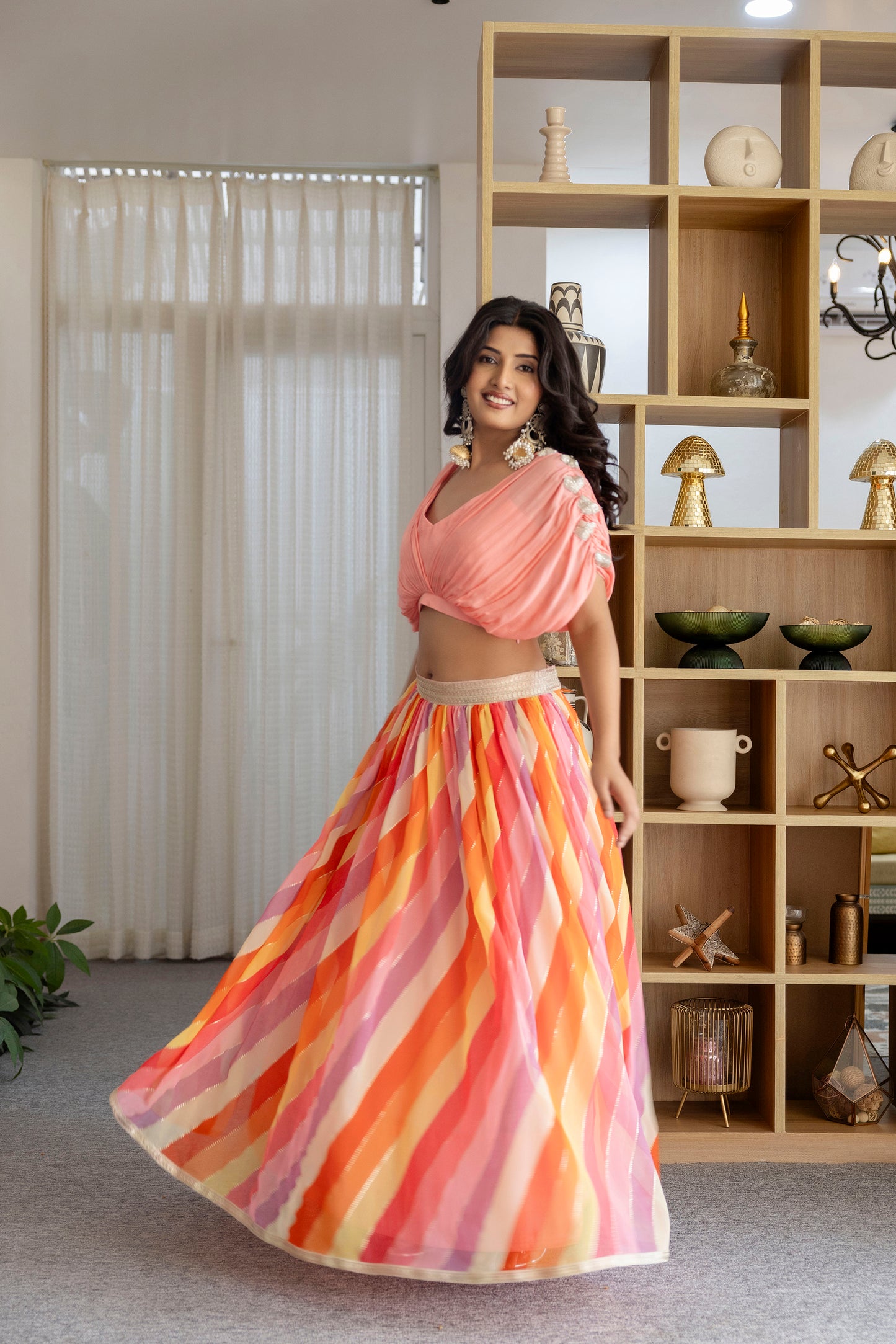 Multicolor Diagonal Striped Flared Lehenga with Peach Draped Blouse