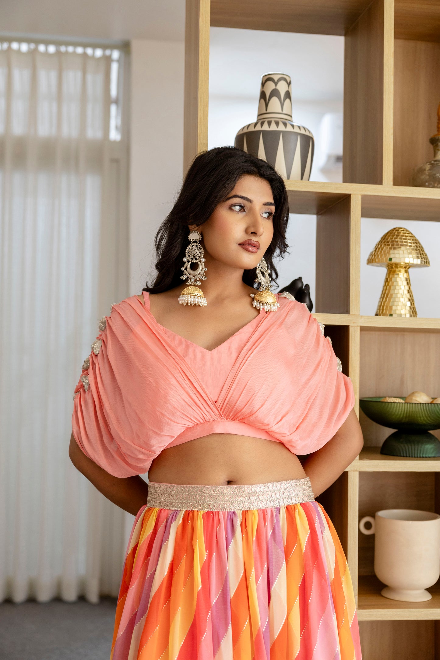 Multicolor Diagonal Striped Flared Lehenga with Peach Draped Blouse