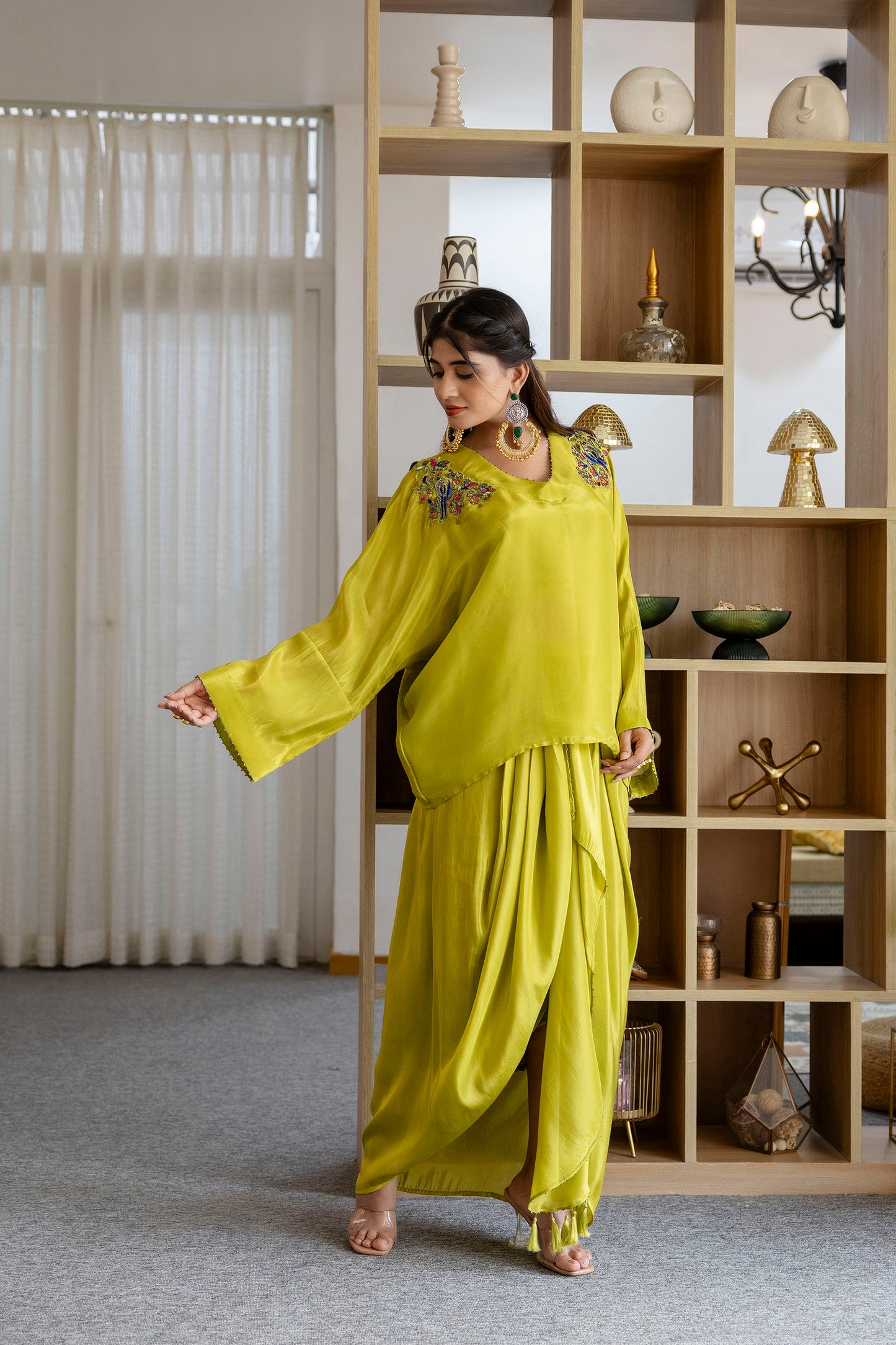 Lime Green Embroidered Kaftan Top with Dhoti Skirt Set