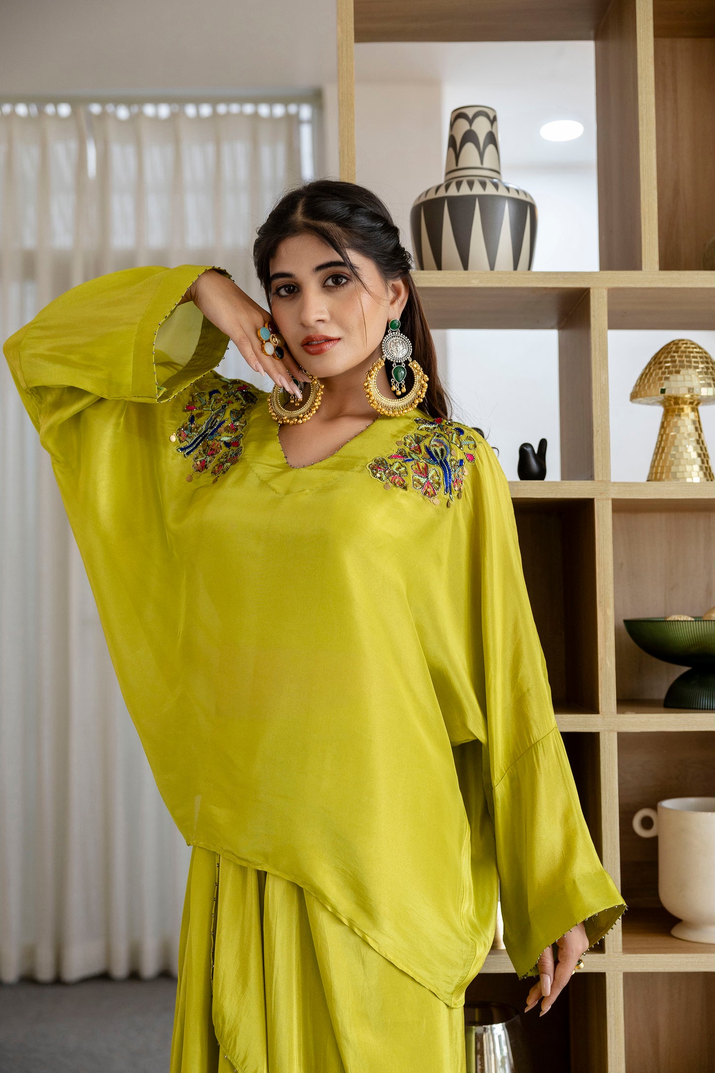 Lime Green Embroidered Kaftan Top with Dhoti Skirt Set