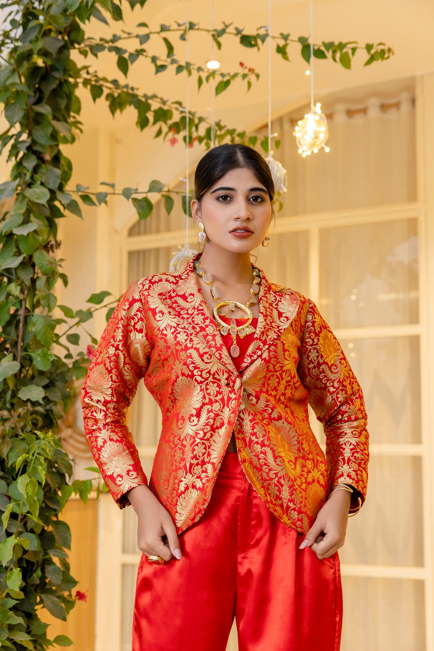 Bright red brocade coat with trousers plus inner shell