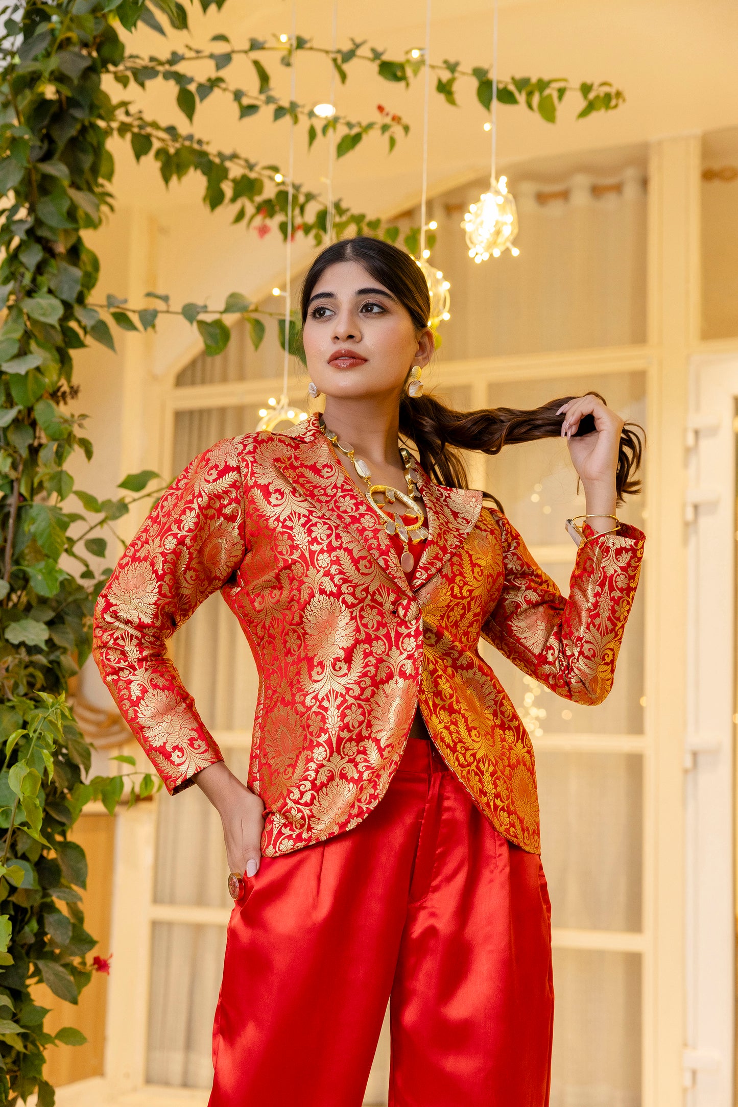 Bright red brocade coat with trousers plus inner shell