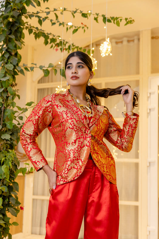 Bright red brocade coat with trousers plus inner shell