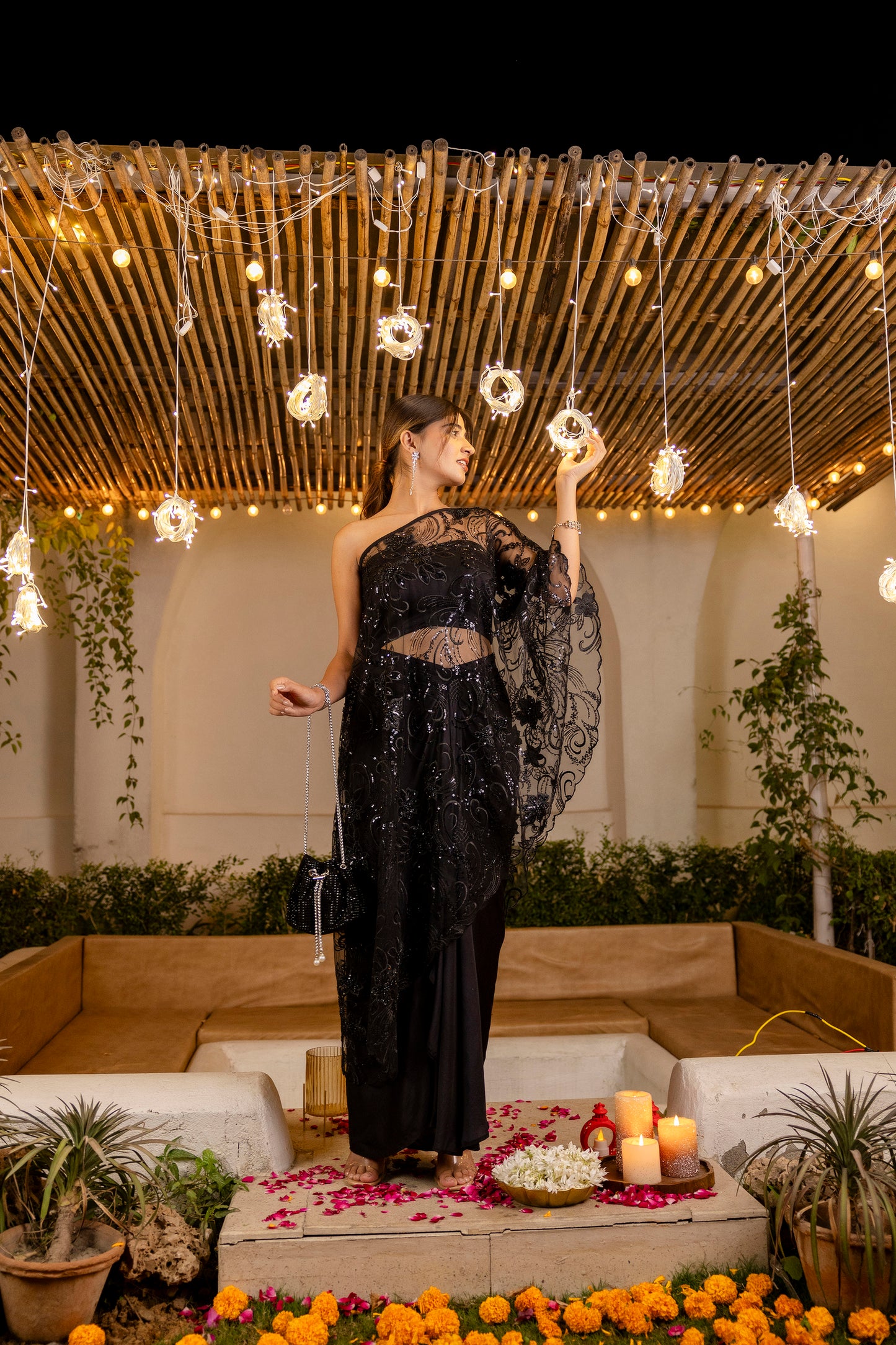 Midnight Black Net shrug Ddrape dress