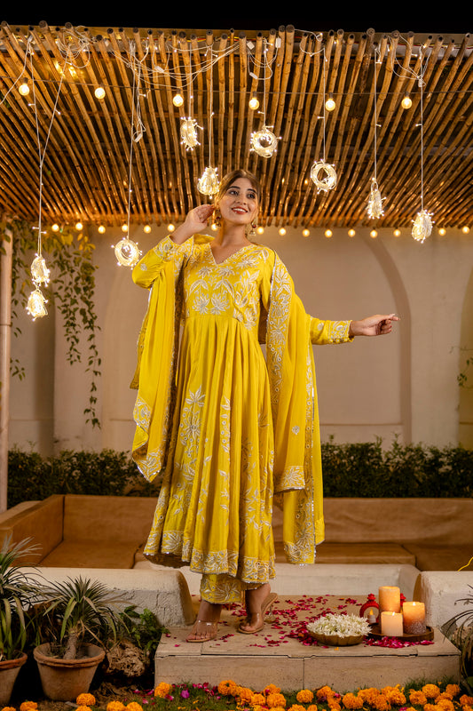 Yellow Paradise Anarkali  Suit Set with Dupatta – Festive Wear