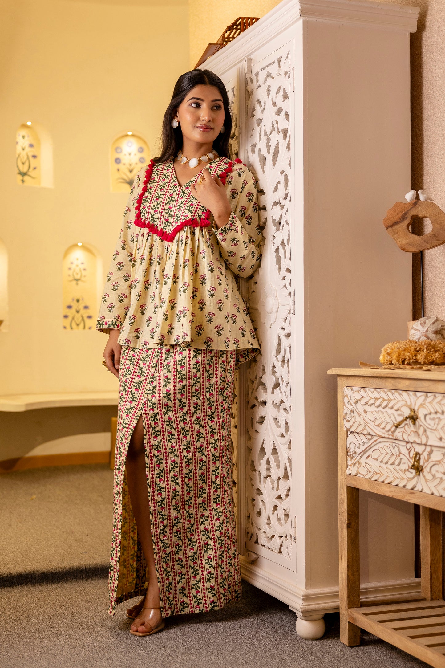 Beige Floral Print Peplum Top with Front-Slit Skirt Co-ord Set