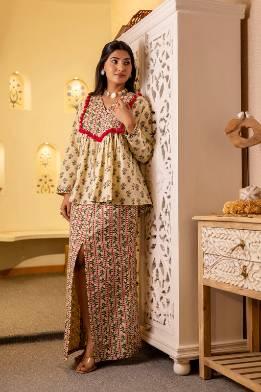 Beige Floral Print Peplum Top with Front-Slit Skirt Co-ord Set