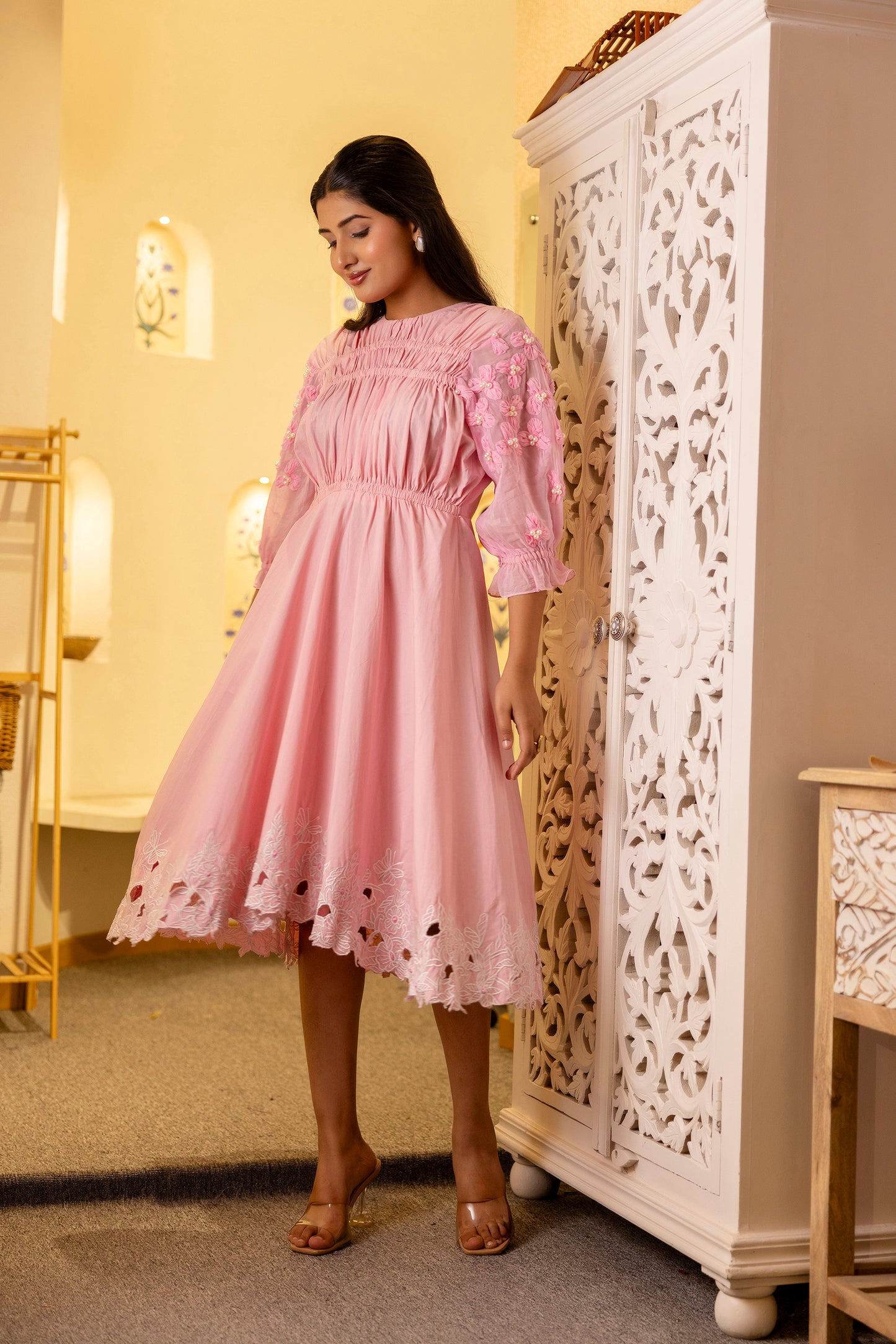 Pink Cotton Midi Dress with 3D Floral Sleeve Embroidery