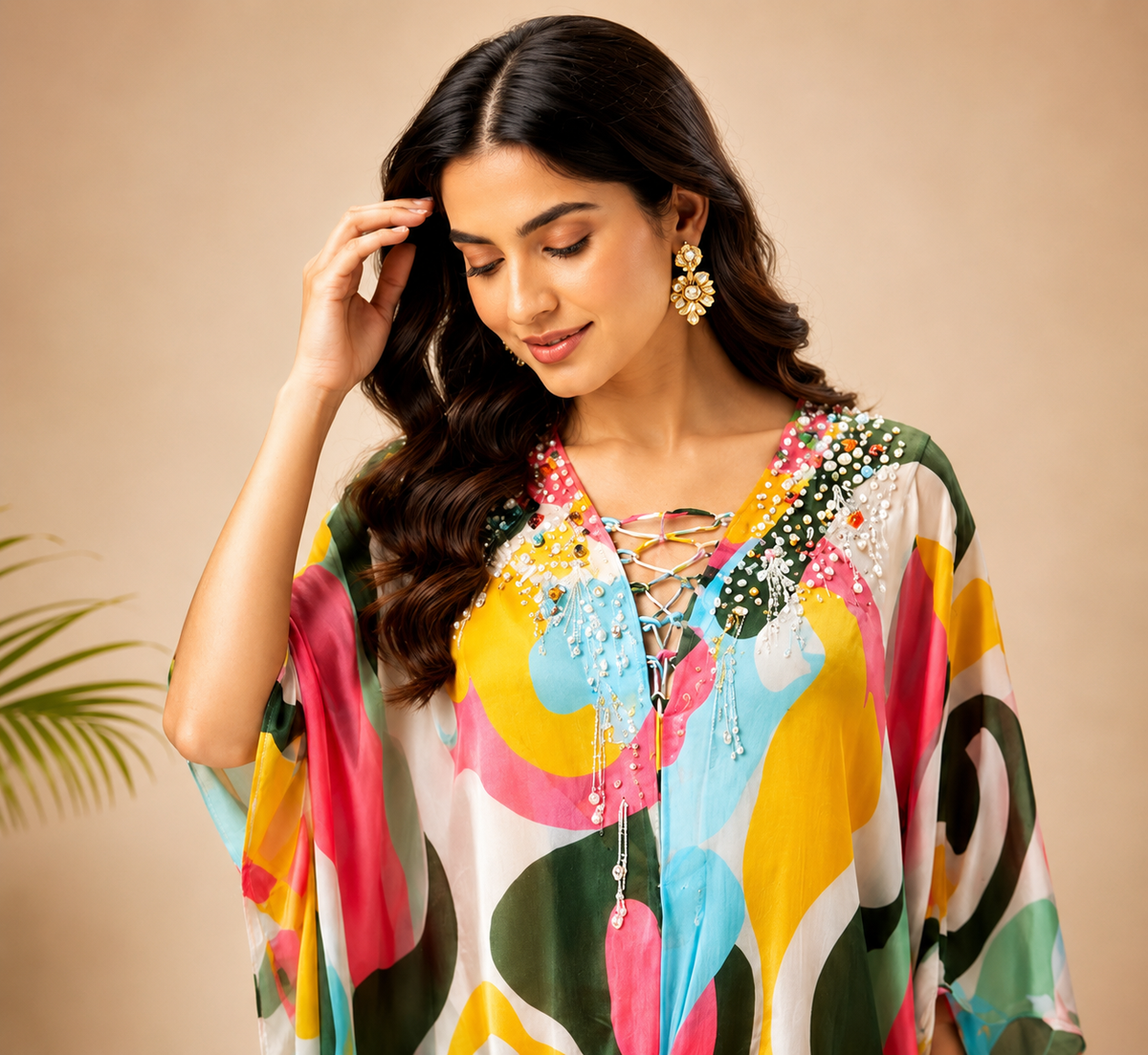 Multicolor Abstract Printed Kaftan Dress with Embellished Lace-Up Neckline