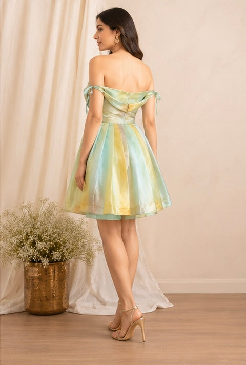 Pastel Ombre Off-Shoulder Fit & Flare Mini Dress with Twist-Front Detail