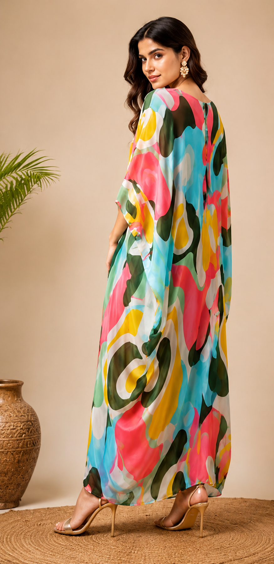 Multicolor Abstract Printed Kaftan Dress with Embellished Lace-Up Neckline