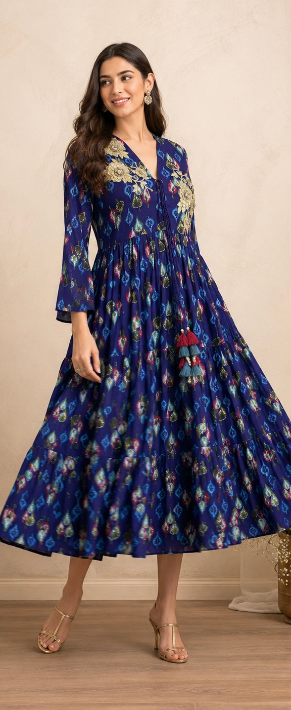 Navy Blue Ajrakh Printed Tiered Anarkali Dress with Embroidered Yoke & Tassel Detail