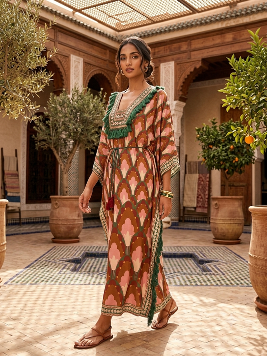 Terracotta Floral Print Kaftan Dress with Tassel Trim - Only 1 Left!