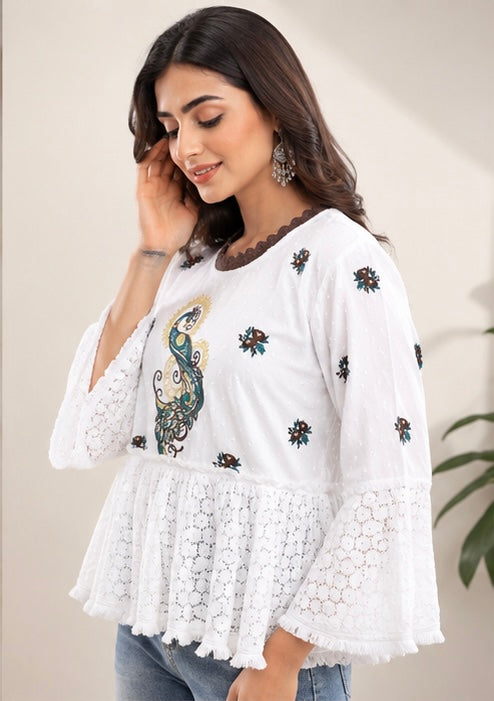 White Peacock Embroidered Bell-Sleeve Top with Crochet Hem
