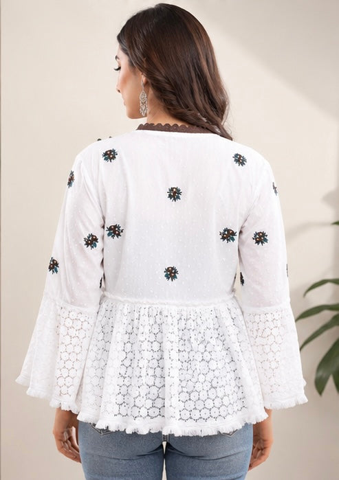 White Peacock Embroidered Bell-Sleeve Top with Crochet Hem