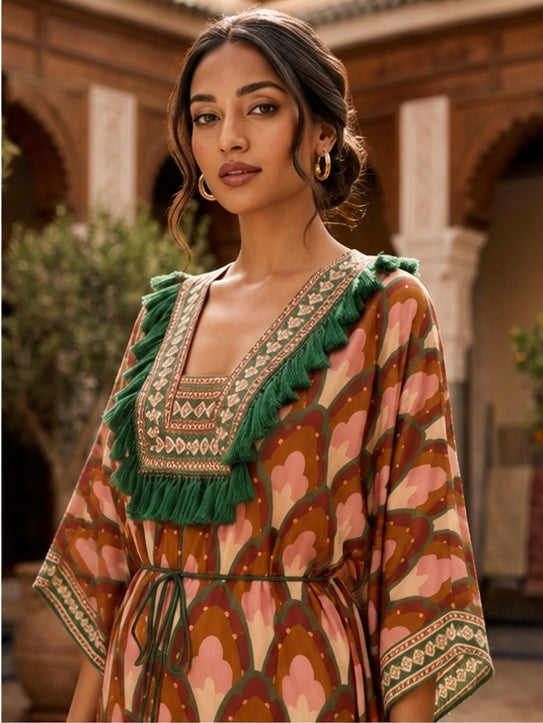 Terracotta Floral Print Kaftan Dress with Tassel Trim