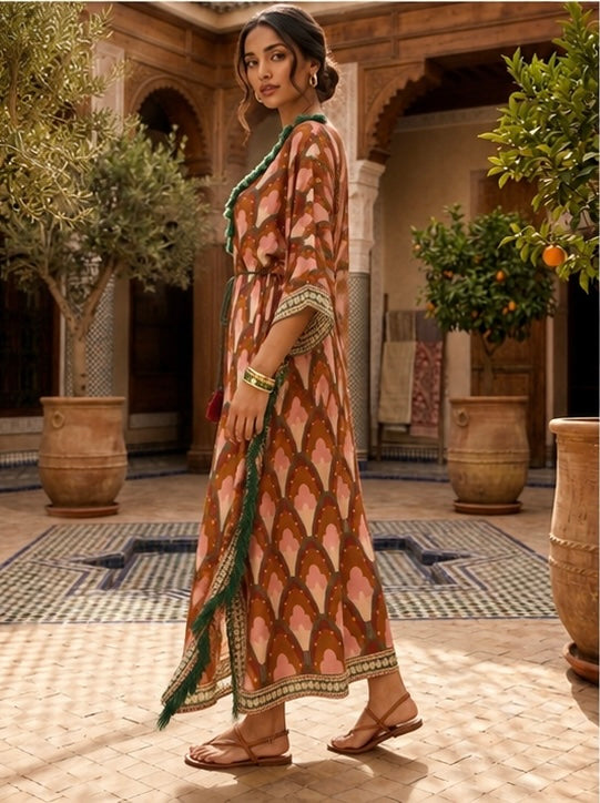 Terracotta Floral Print Kaftan Dress with Tassel Trim