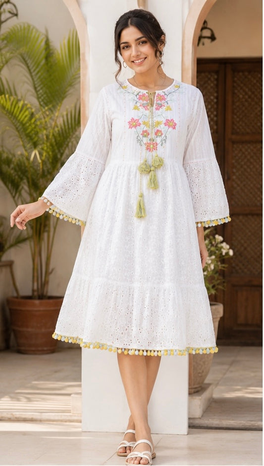 White Floral Embroidered Tiered Dress with Tassel & Pom-Pom Trim