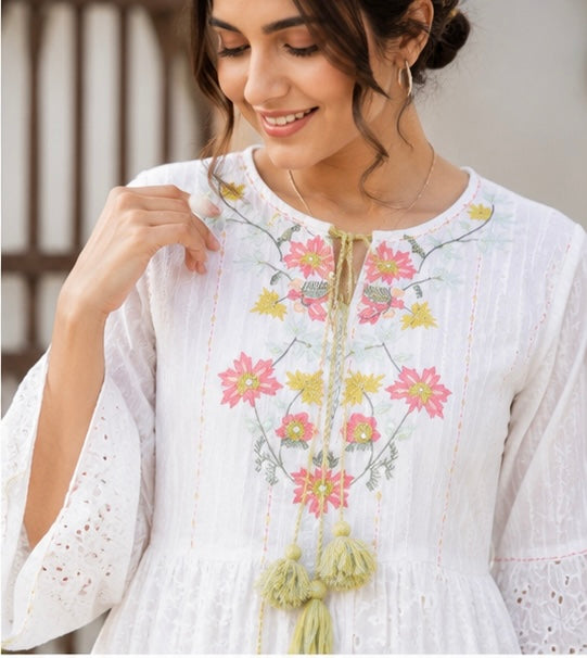 White Floral Embroidered Tiered Dress with Tassel & Pom-Pom Trim
