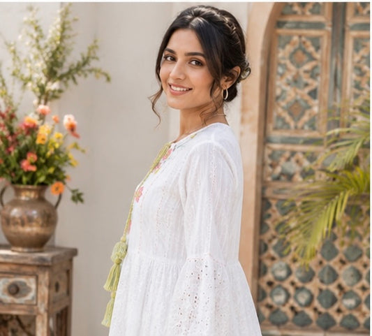 White Floral Embroidered Tiered Dress with Tassel & Pom-Pom Trim