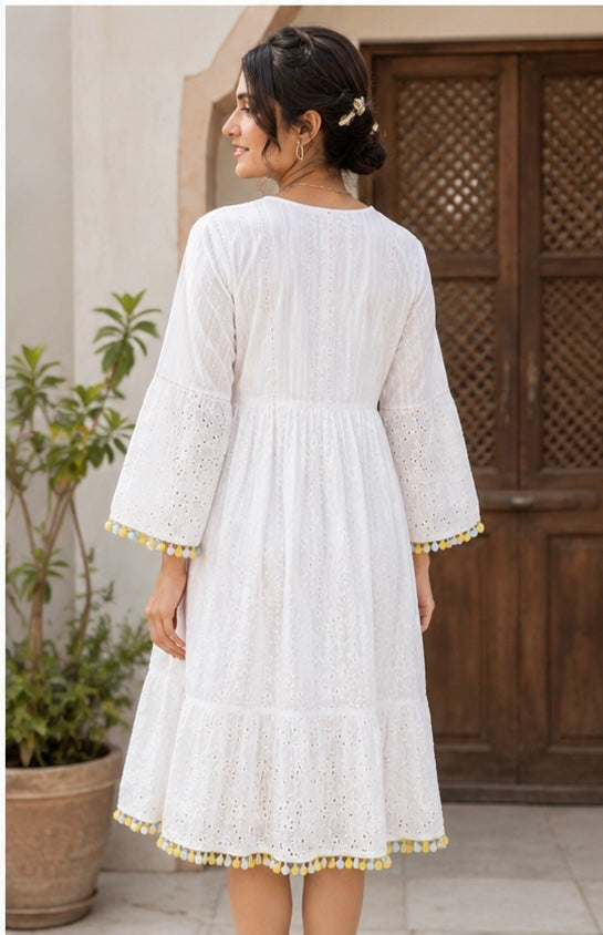 White Floral Embroidered Tiered Dress with Tassel & Pom-Pom Trim