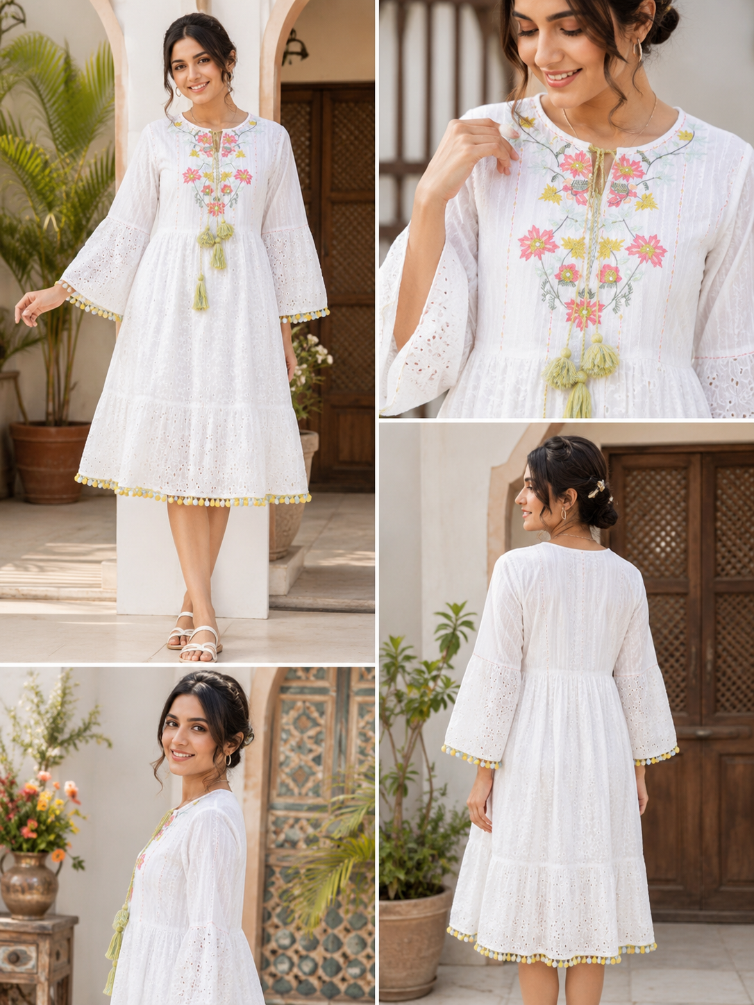 White Floral Embroidered Tiered Dress with Tassel & Pom-Pom Trim