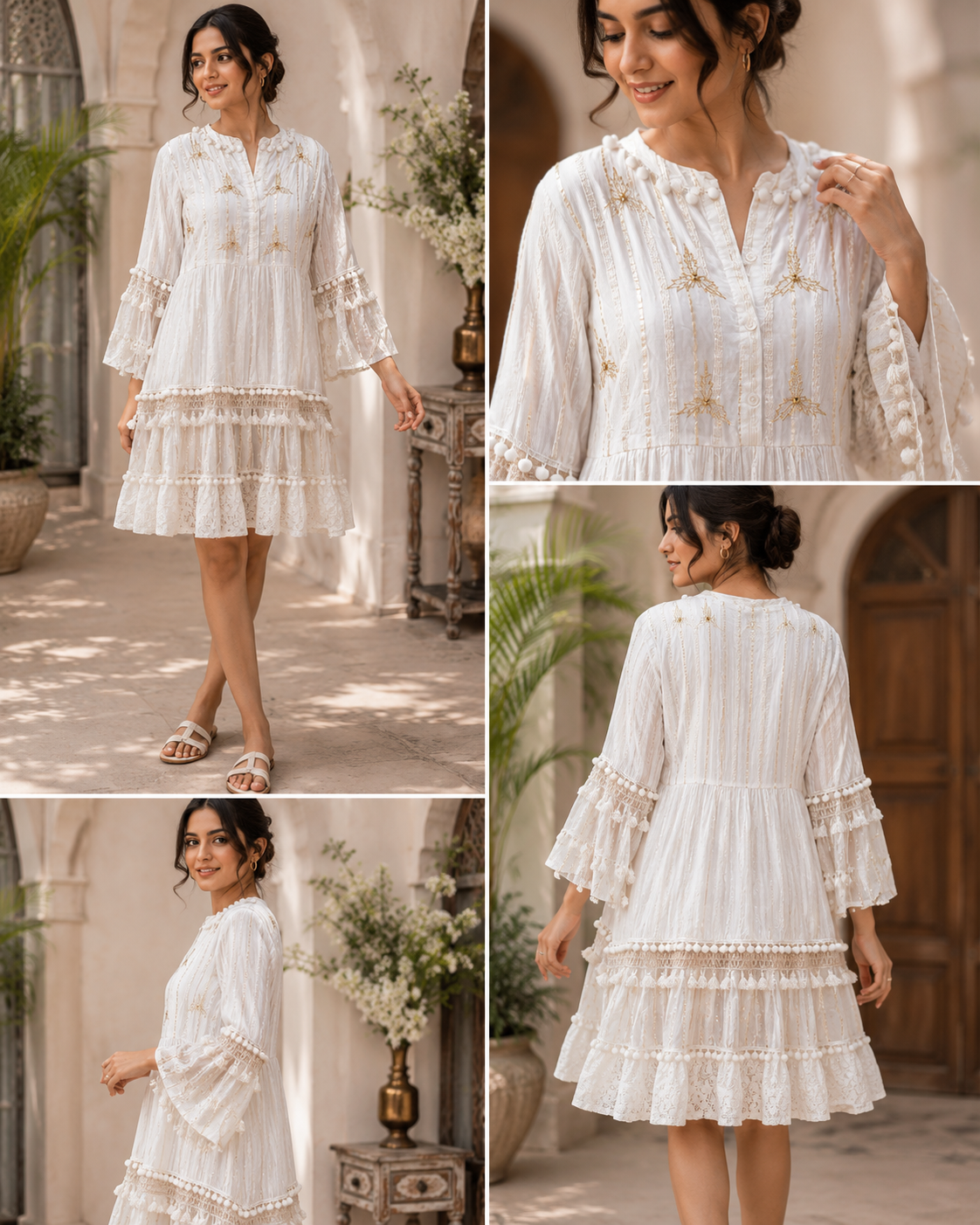 Purvi Jaipur White Embroidered Cotton Tiered Boho Dress for Women